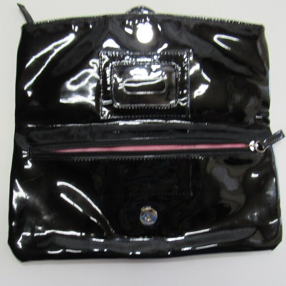 Ladies Hobo Black Faux Patent Leather Fold Over Clutch Handbag Formal Purse - Picture 5 of 11